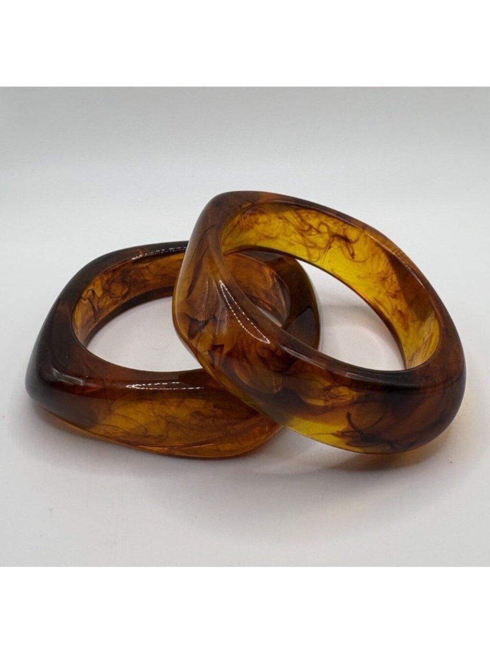 Pair of Rootbeer Swirl Acrylic Lucite Bangle Bracelets Chunky Large Statement
